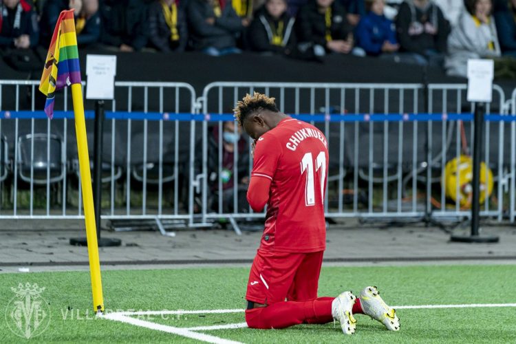 Super Eagles winger, Chukwueze kneels to celebrate first UEFA Champions League goal