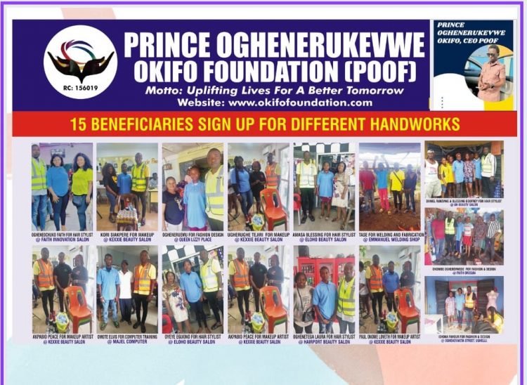 Founder of POOF, Okifo, enrols 15 youths in Delta for skills acquisition programme