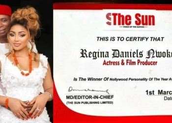 Ned Nwoko congratulates his wife, Regina Daniels on The Sun Newspaper’s award