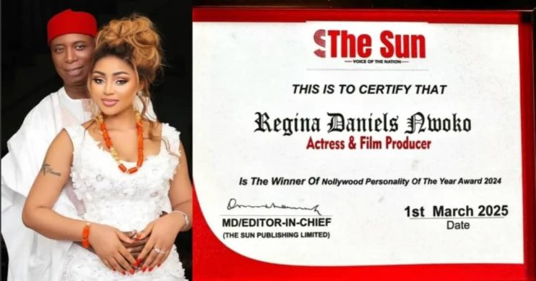 Ned Nwoko congratulates his wife, Regina Daniels on The Sun Newspaper’s award