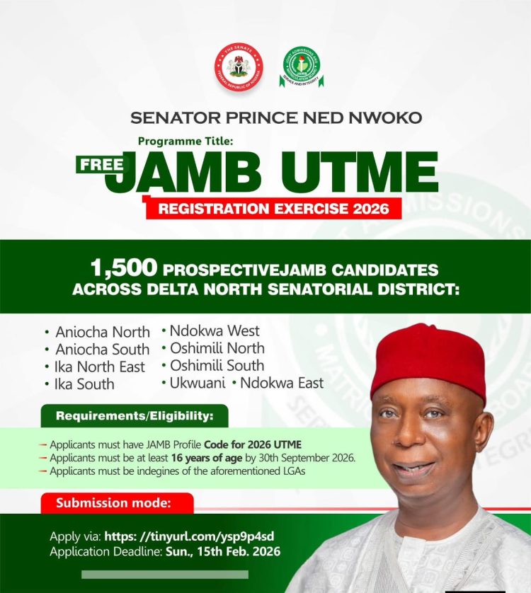 Senator Nwoko Targets 1,500 Candidates in Free JAMB Registration in Delta North